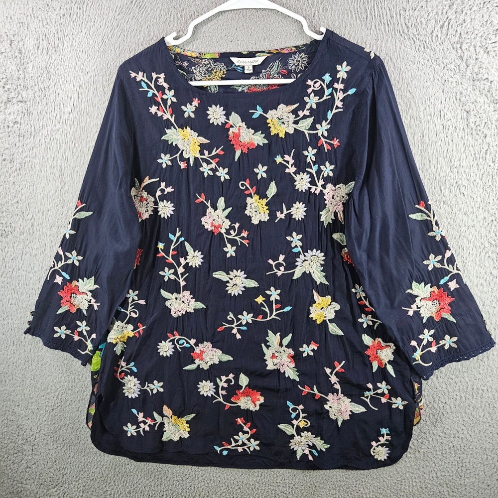 John Mark Navy Floral Embroidered Mixed Media Blouse Womens Small 3/4 Sleeve Top